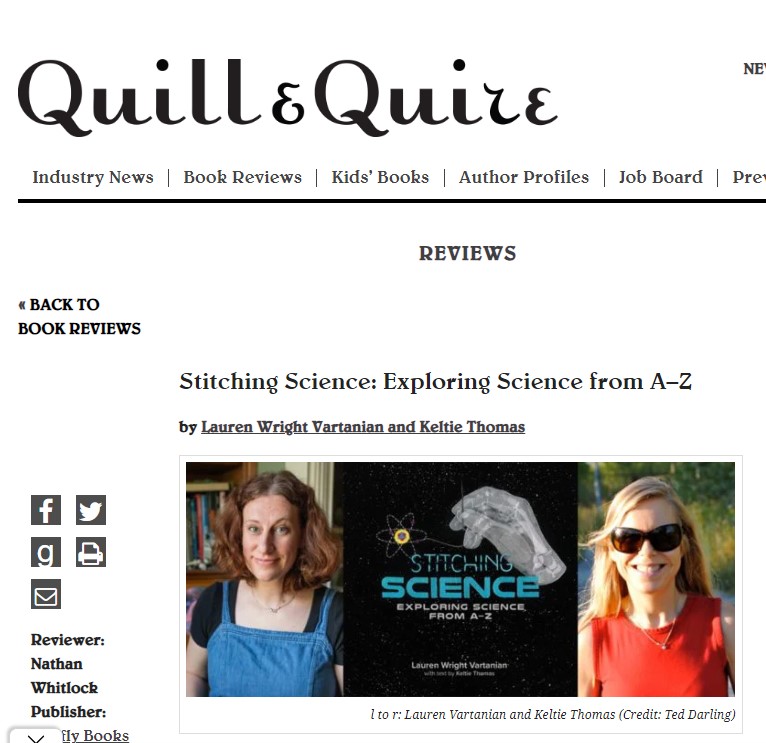 screenshot image of Stitching Science on Quill and Quire website